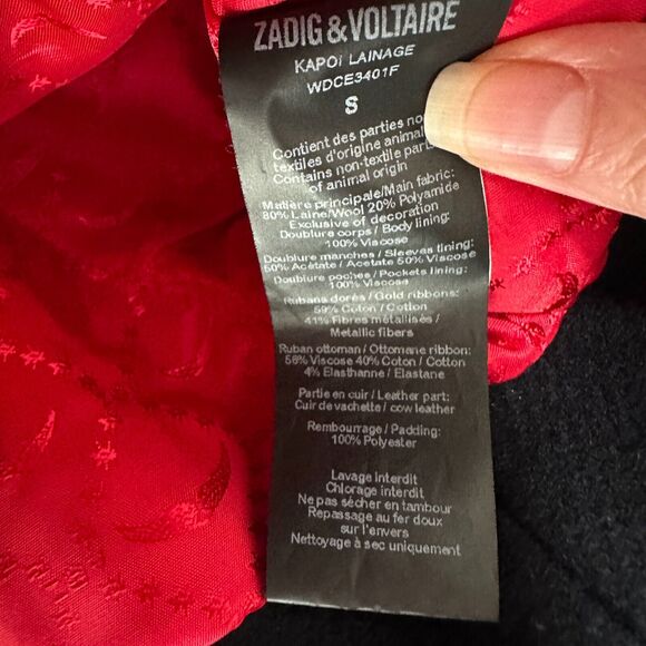 Zadig & Voltaire Wool Jacket Navy Gold Stand Collar Flap Pocket Zip Up Bomber SM - Picture 14 of 16